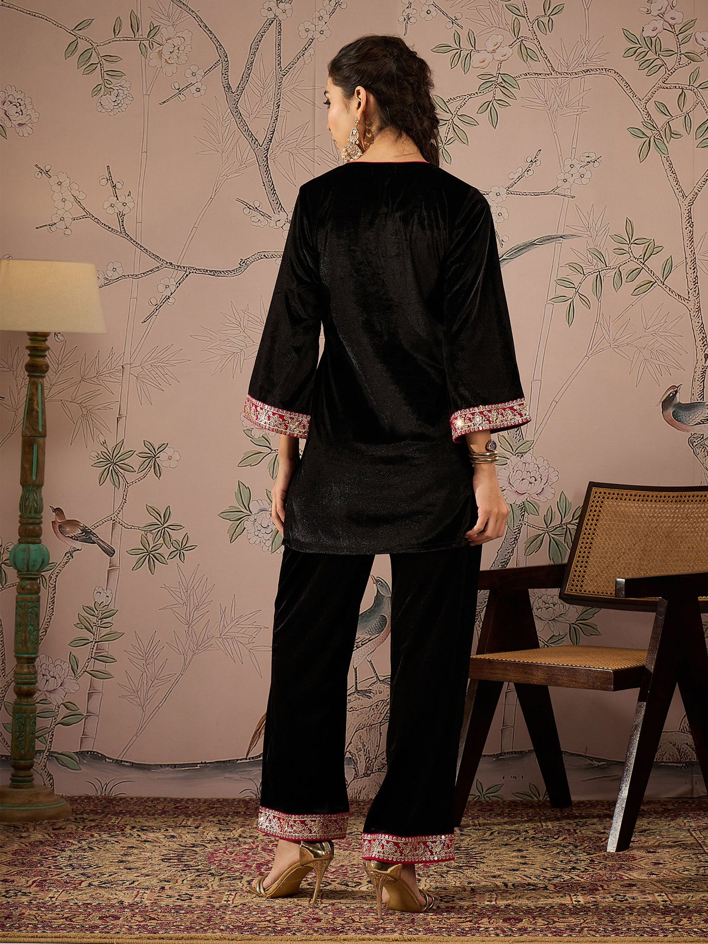 Women Black Velvet Embroidered Short Kurta With Straight Pants