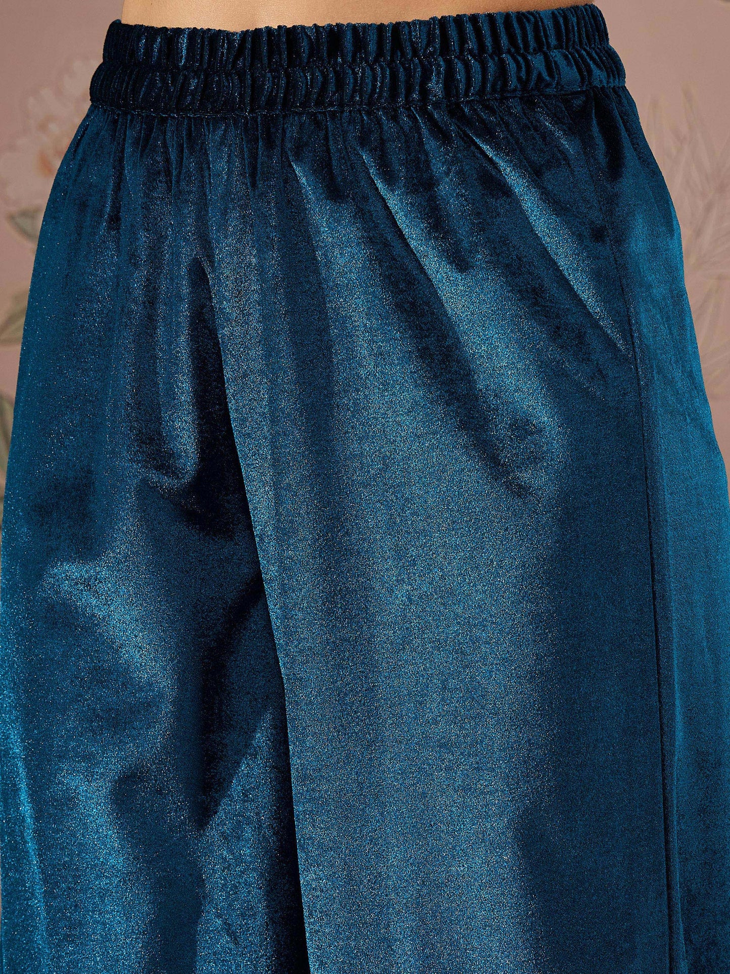 Women Teal Velvet Embroidered Straight Kurta With Afghani Pants