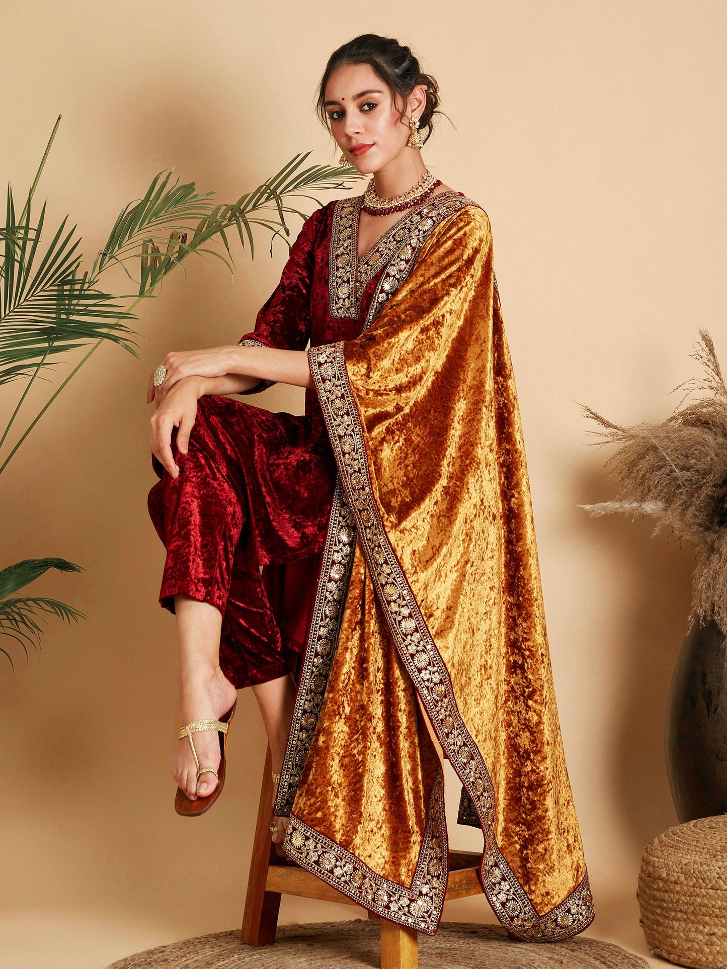 Women Mustard Velvet Lace Detail Dushala