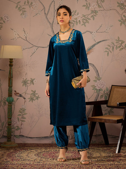 Women Teal Velvet Embroidered Straight Kurta With Afghani Pants
