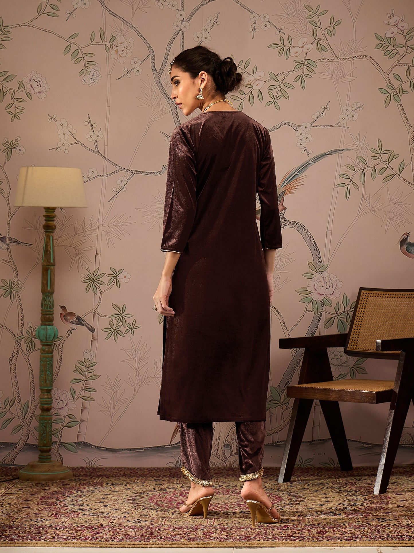 Women Brown Velvet V-Neck Front Embroidered Kurta