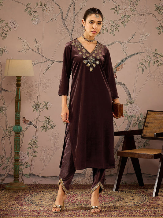 Women Brown Velvet V Neck Embroidered Kurta With Tulip Pants