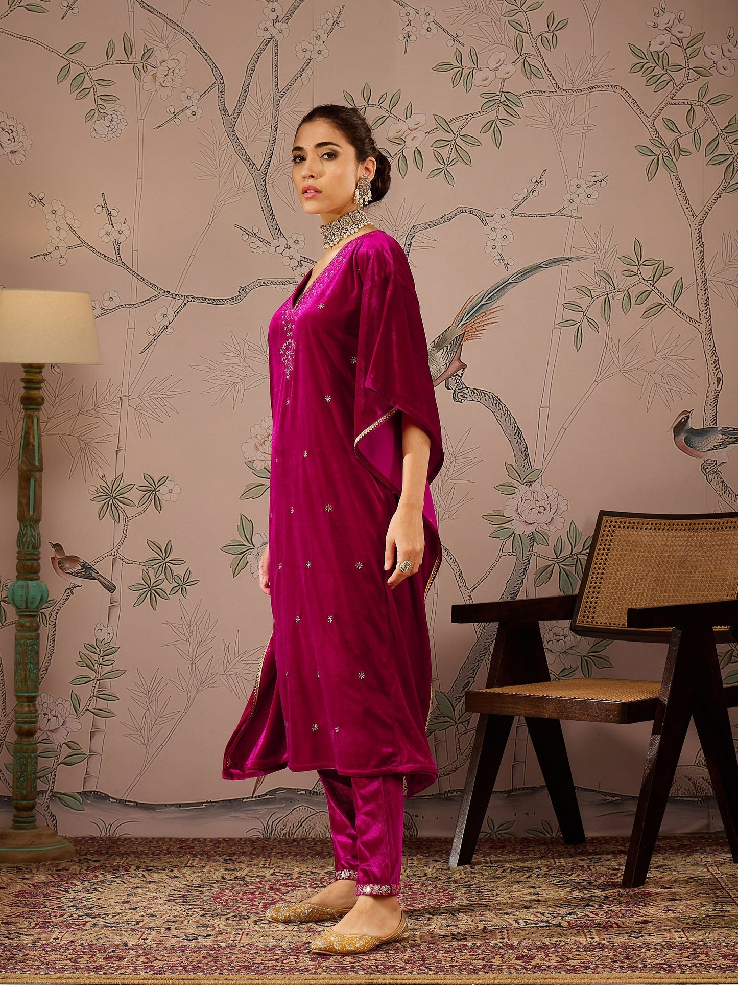 Women Fuchsia Velvet Front Embroidered Kaftan Kurta