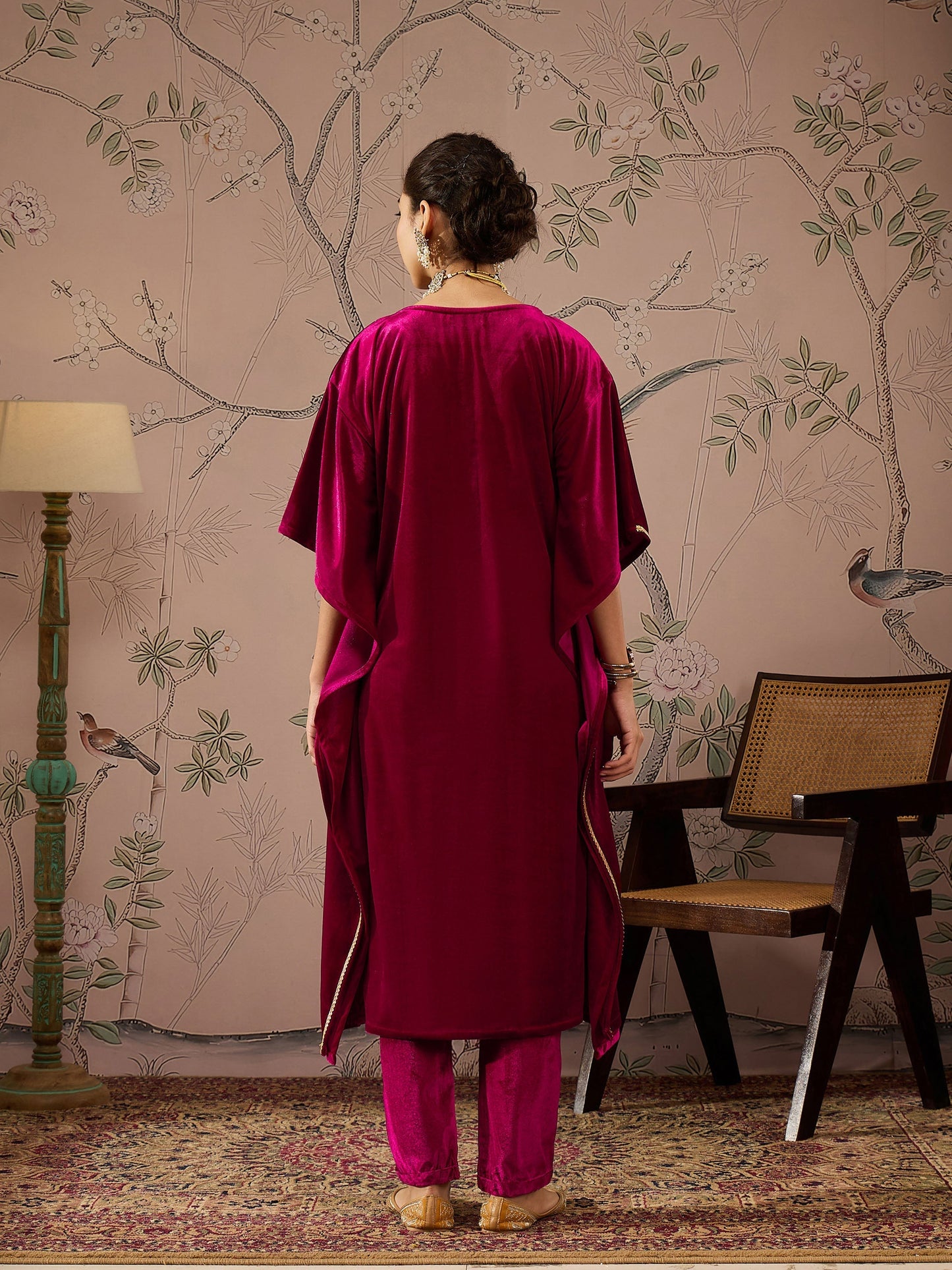 Women Fuchsia Velvet Embroidered Kaftan Kurta With Straight Pants