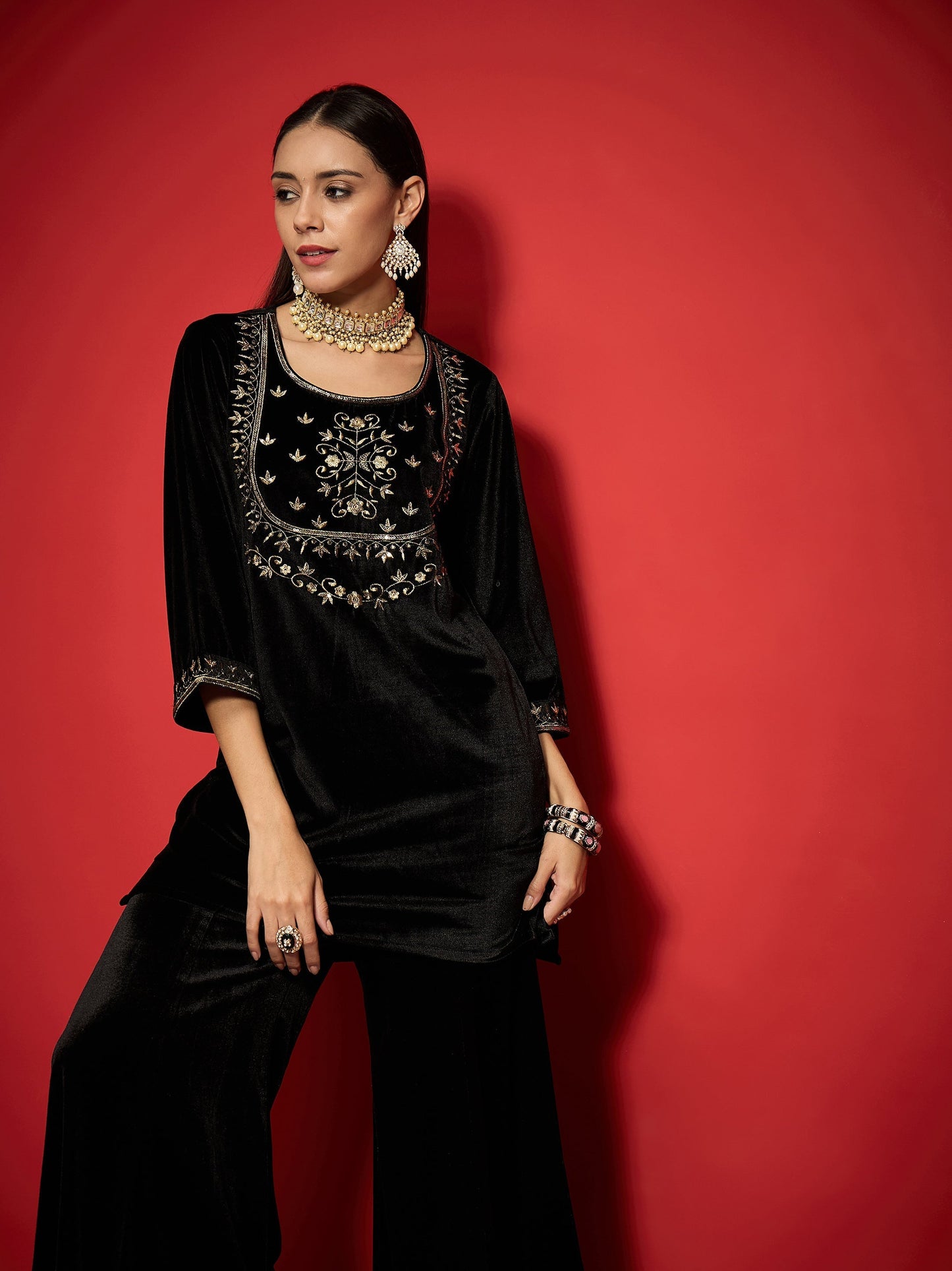 Women Black Velvet Embroidered Round Neck Short Kurta
