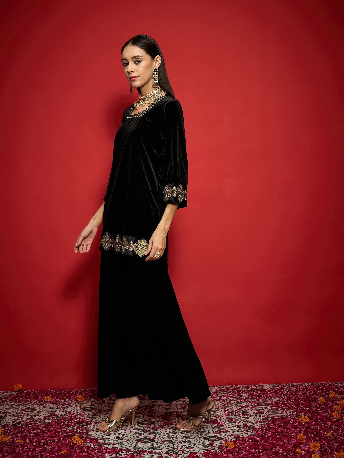 Women Black Velvet Front Embroidered Glass Neck Short Kurta