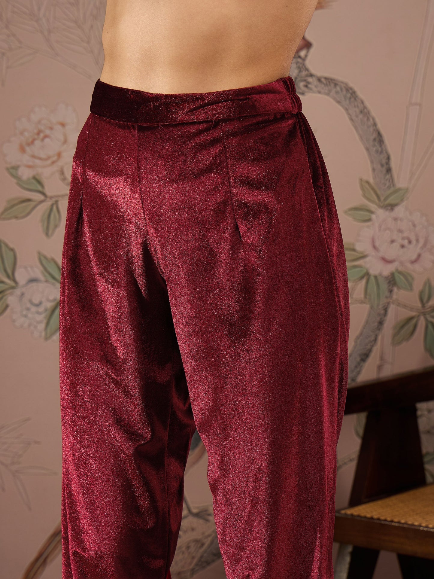Women Maroon Velvet Elasticated Straight Pants