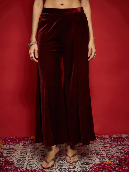 Women Maroon Velvet Flared Palazzos
