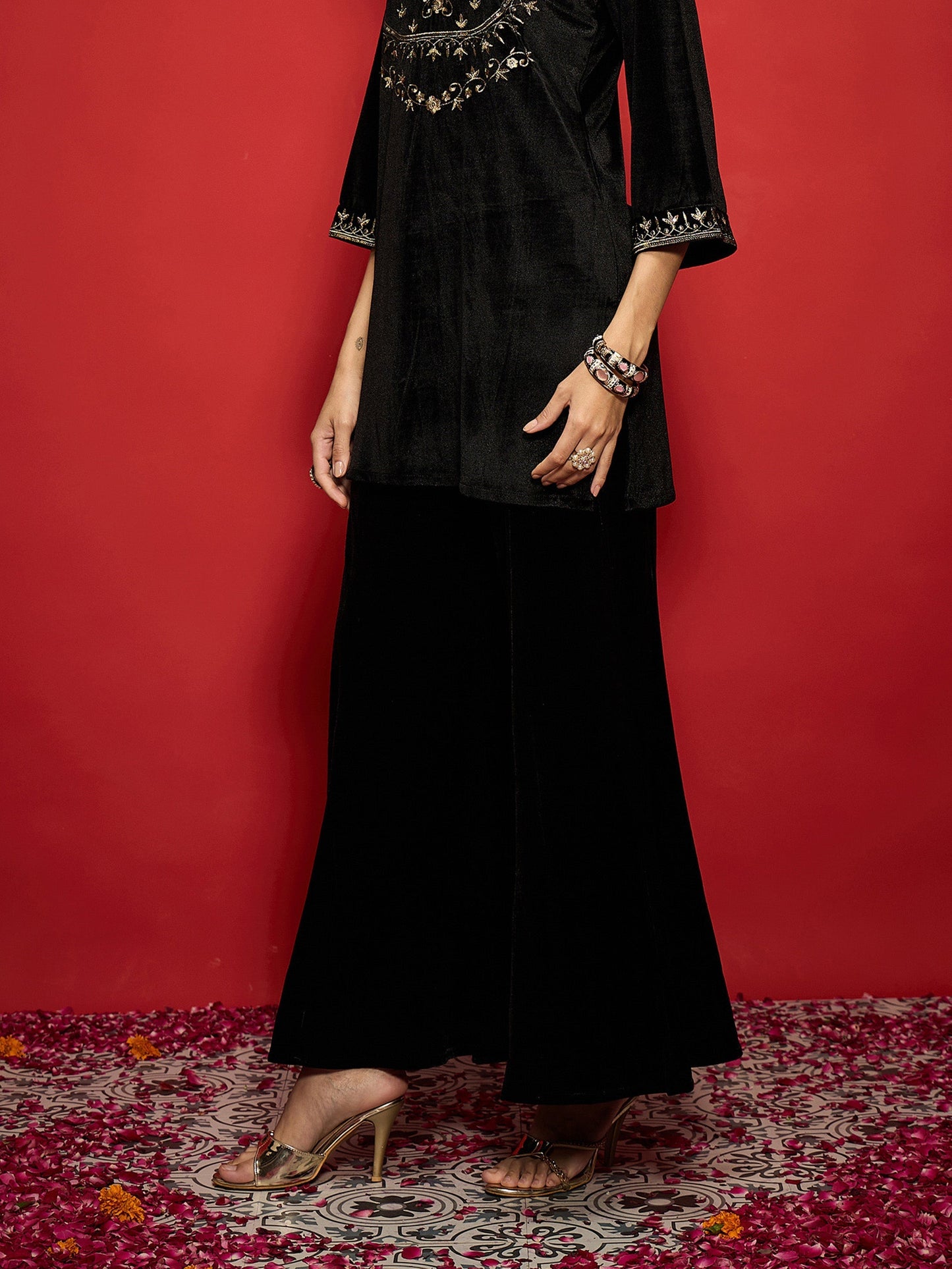 Women Black Velvet Flared Palazzos