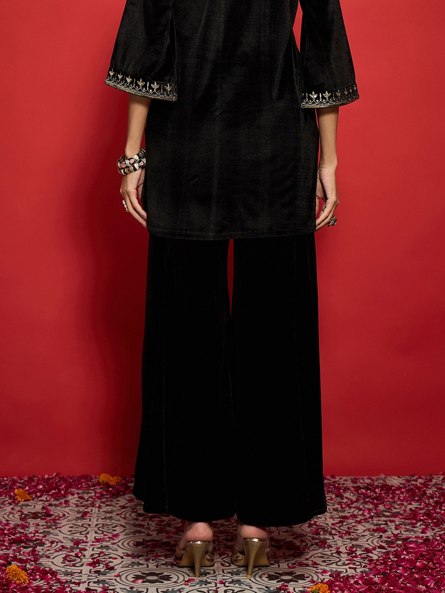 Women Black Velvet Flared Palazzos