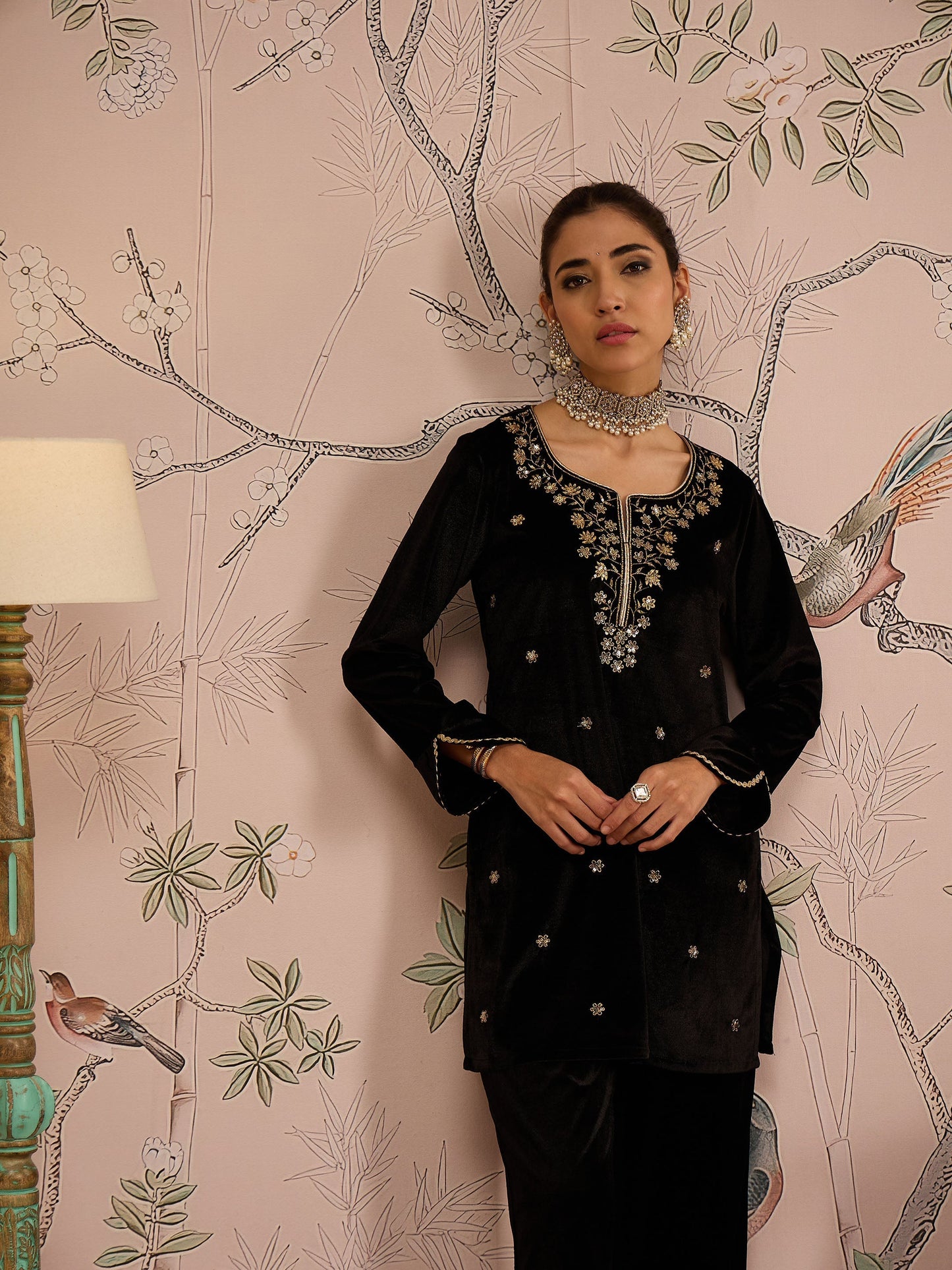 Women Black Velvet Embroidered Short Kurta With Straight Pants